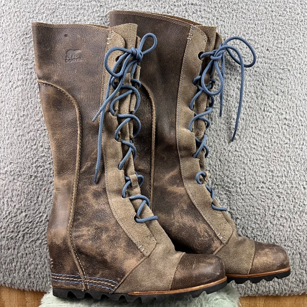 Sorel Cate the Great Wedge Boots Brown Leather Suede Lace Up Mid Calf Womens